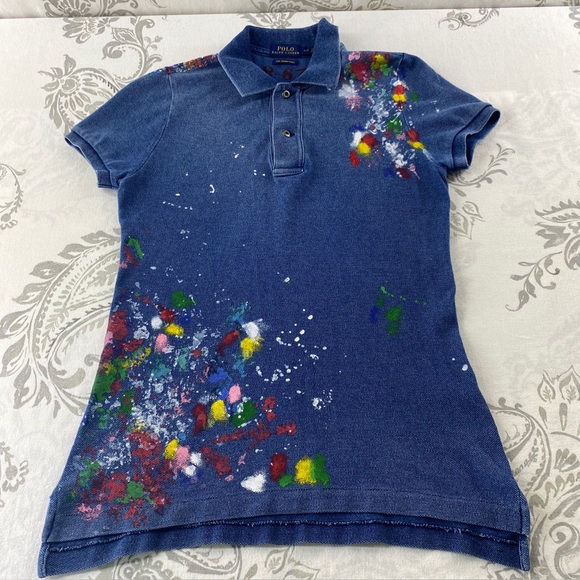 Polo Ralph Lauren Tops - Vintage POLO RALPH LAUREN THE SKINNY POLO Paint Splattered Shirt,Indigo